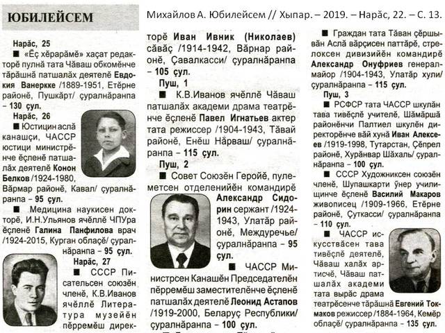 Михайлов А. Юбилейсем // Хыпар. - 2019. - Нарăс, 22. - 19-20 №№. С. 13.